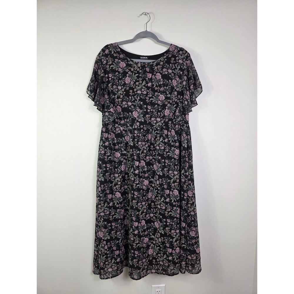 Bloomchic Floral Midi Dress Black Pink Flutter Sleeve Plus Size 14-16 US